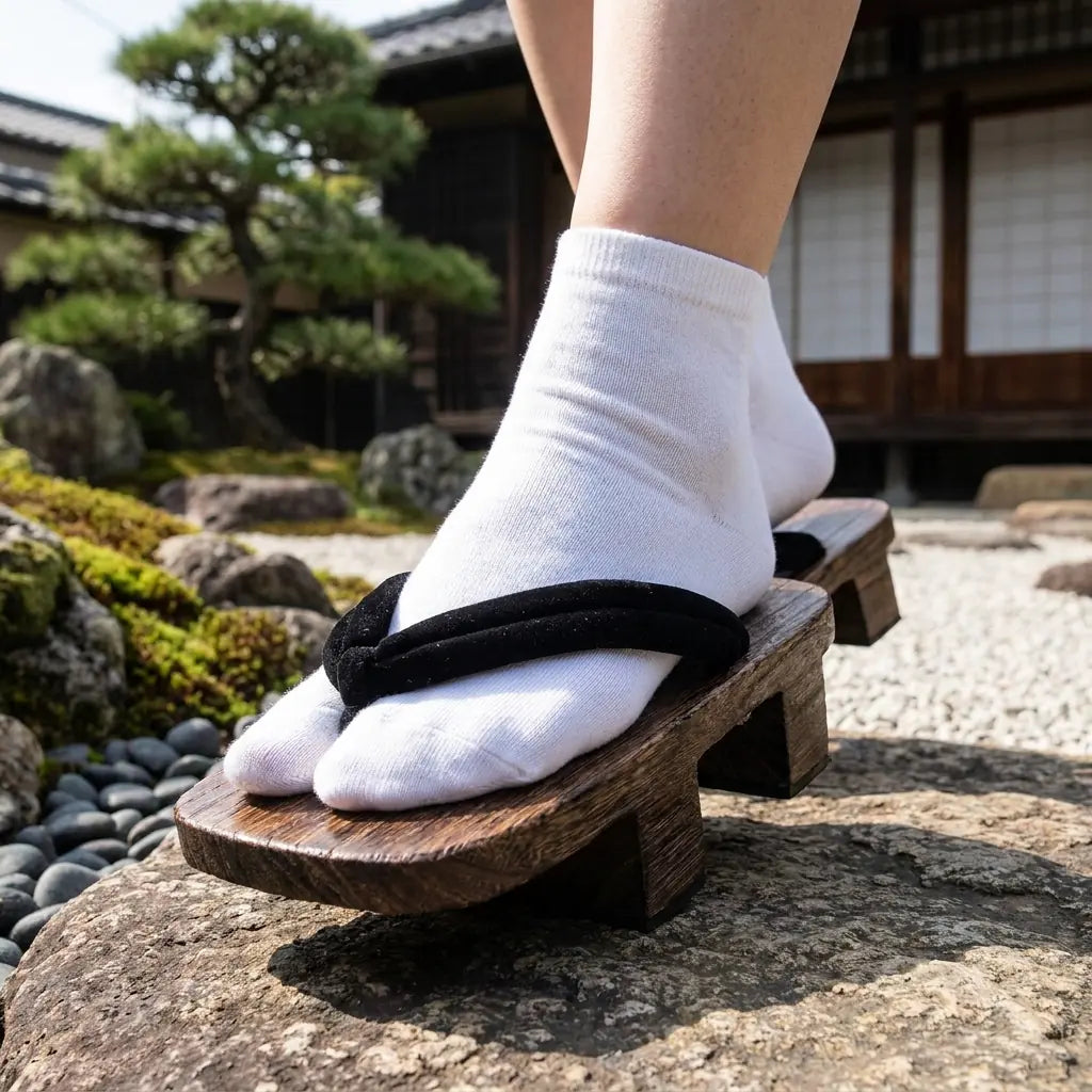 Sandalias Geta de madera colocadas sobre piedra de jardín japonés