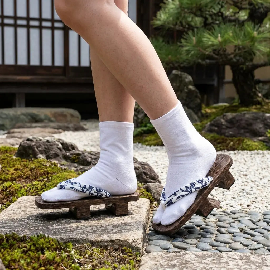 Sandalias geta con correa hanao blanca en un jardín japonés