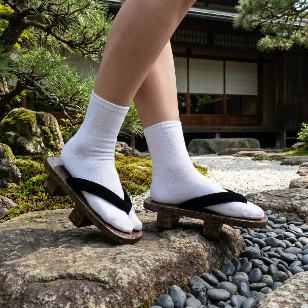 Sandalias geta en madera marrón cálida con correa negra lisa