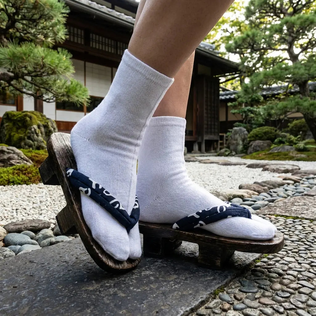 Sandalias geta negras con correa hanao azul marino en jardín