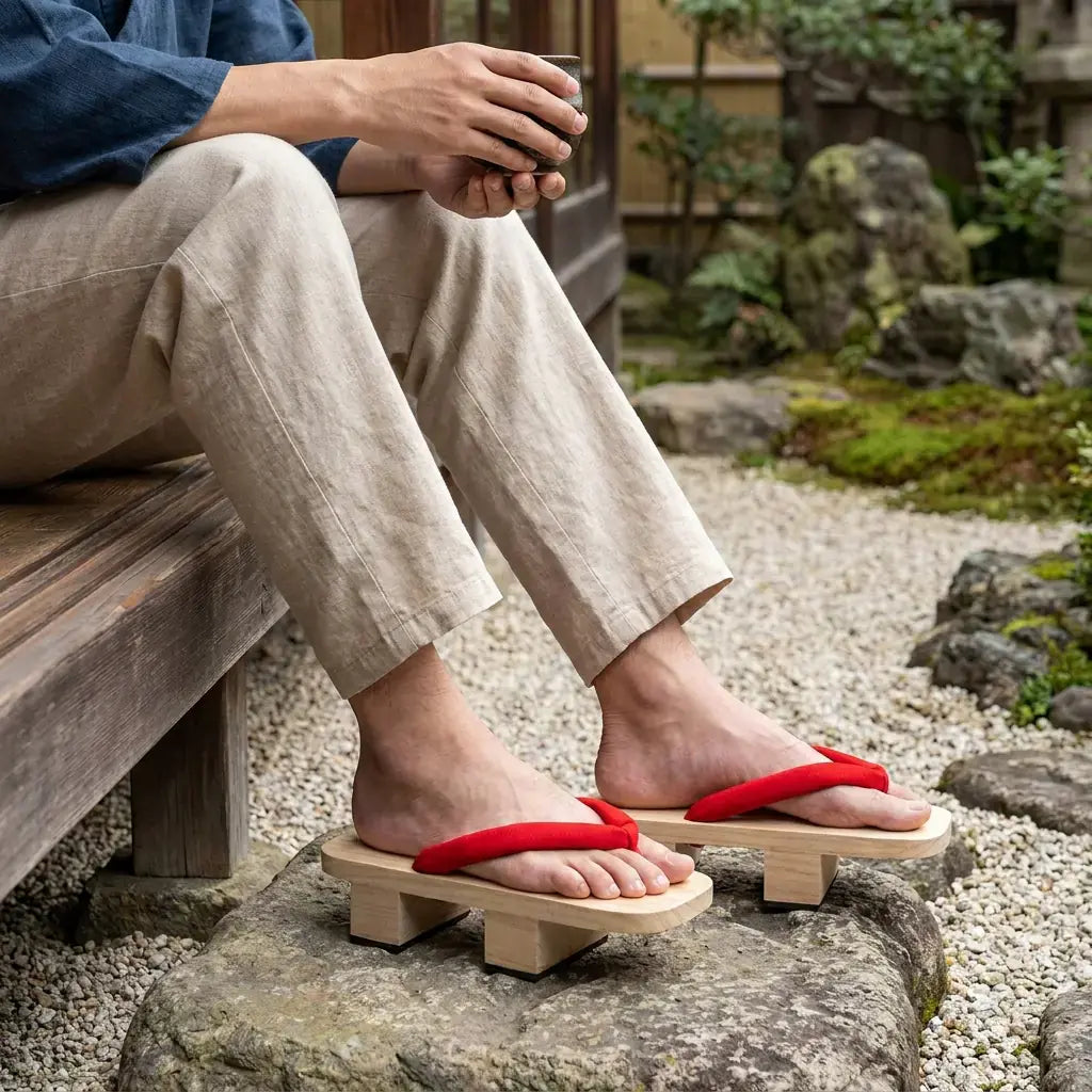 Sandalias Geta llevado por un hombre en una habitación japonesa tradicional, vista frontal