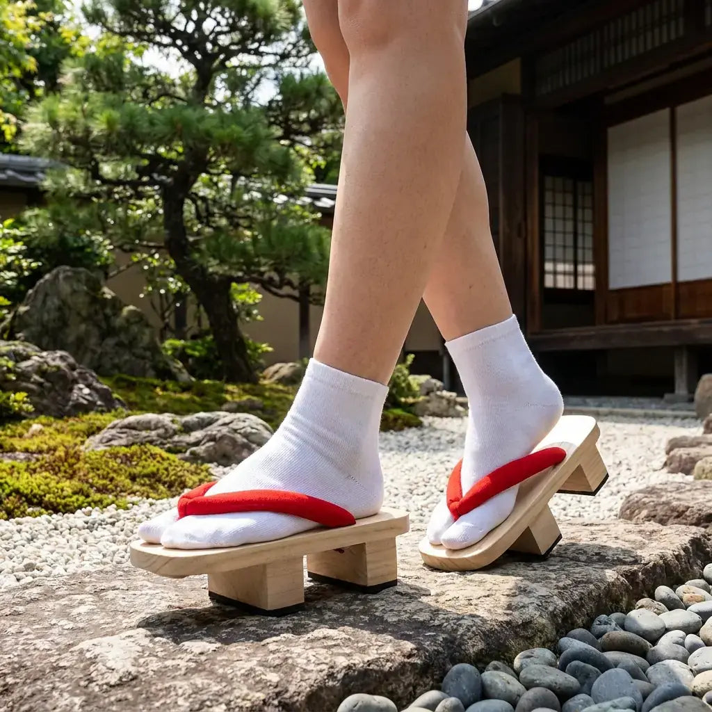 Sandalias Geta llevado por un hombre en una habitación japonesa tradicional, vista frontal