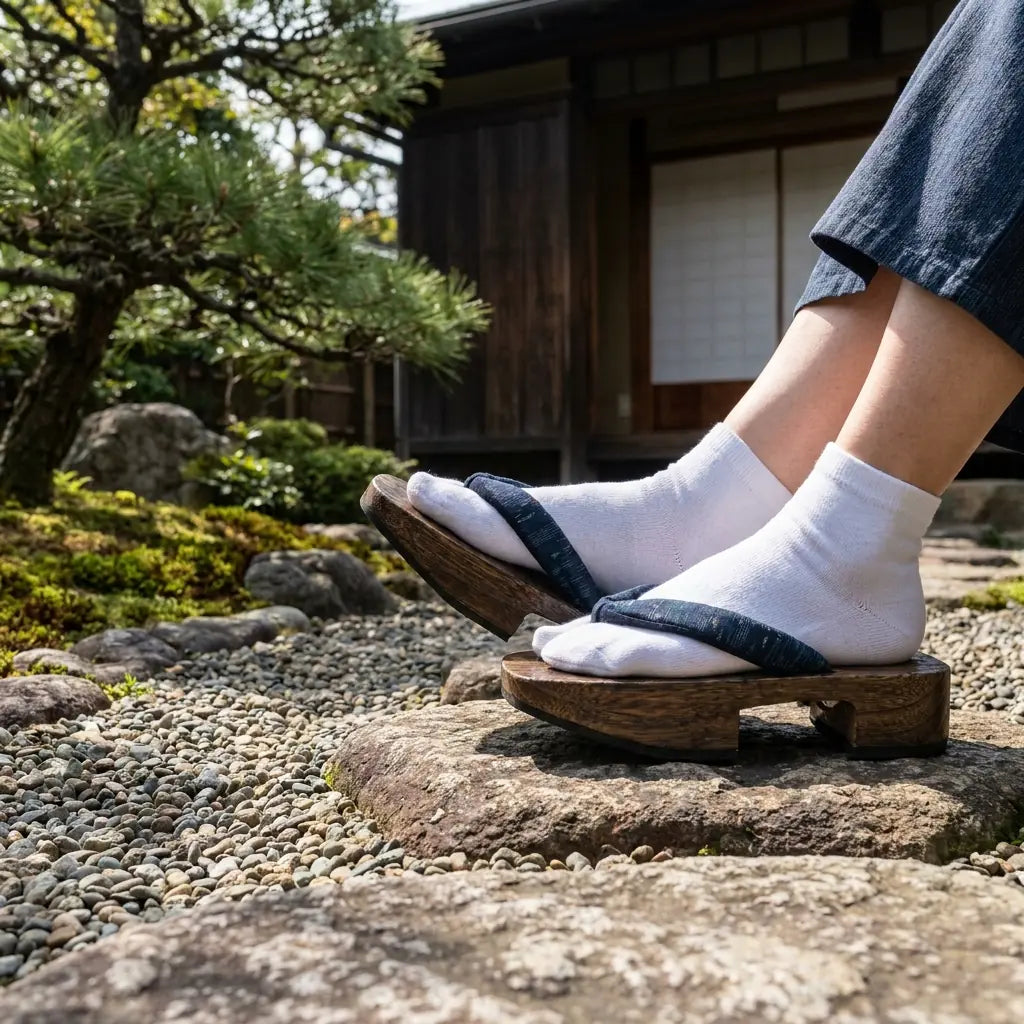 Sandalias geta de madera oscura con tira hanao índigo, vista frontal en un jardín japonés