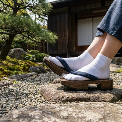 Sandalias geta de madera oscura con tira hanao índigo, vista frontal en un jardín japonés