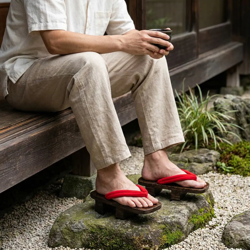 Zapatos geta hombre llevados por un hombre sentado en un jardín japonés