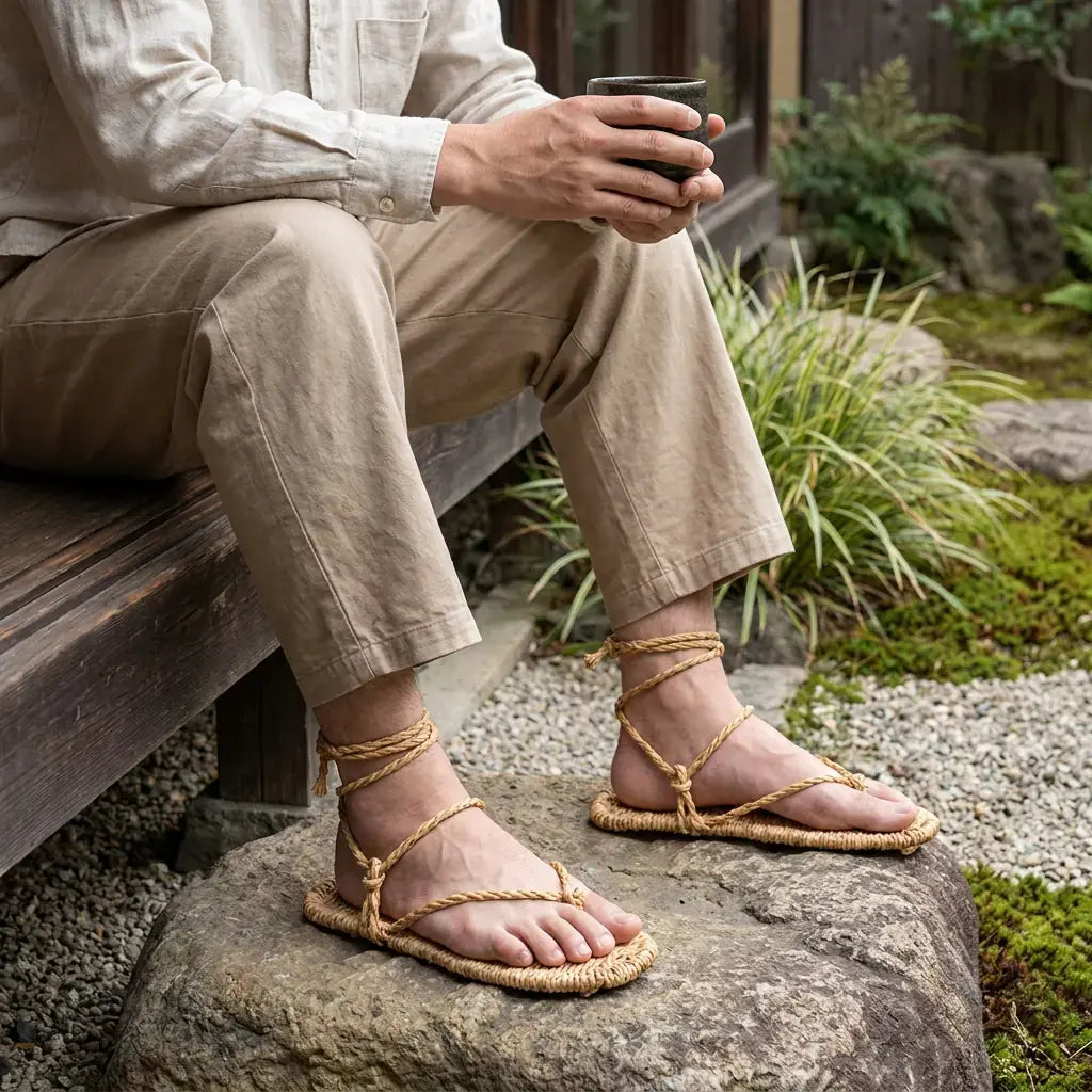 Sandalias Waraji llevado por un hombre en una habitación japonesa tradicional, vista frontal