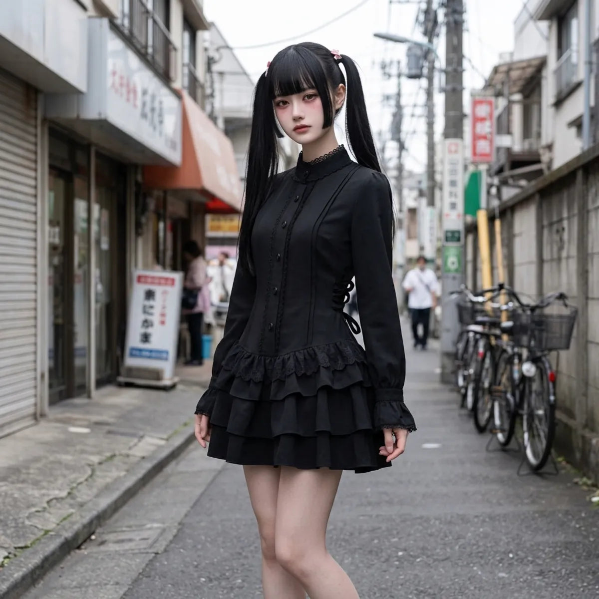 Vestido gothic lolita lucido en una callejuela de Harajuku, con cuello alto negro y dos capas de volantes