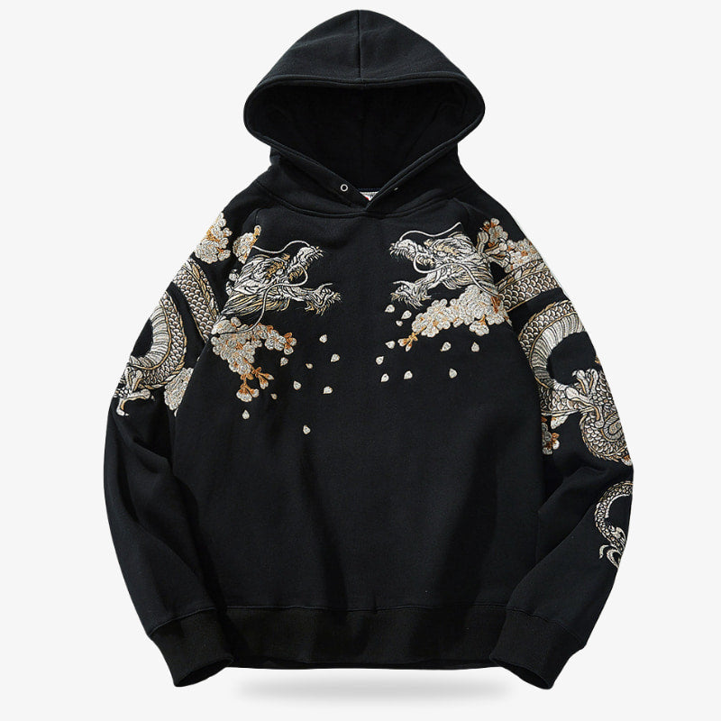 Sudadera bordada dragón japonesa negra para hombre sobre fondo blanco
