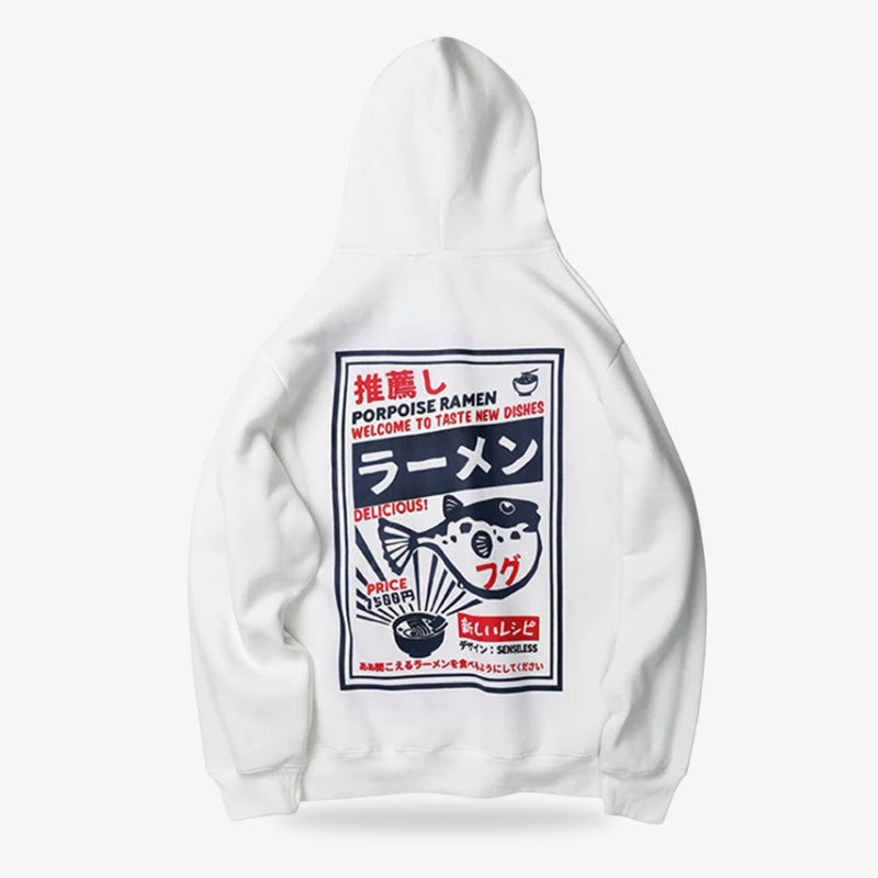 Sudadera con capucha japonesa con diseño de pez y texto
