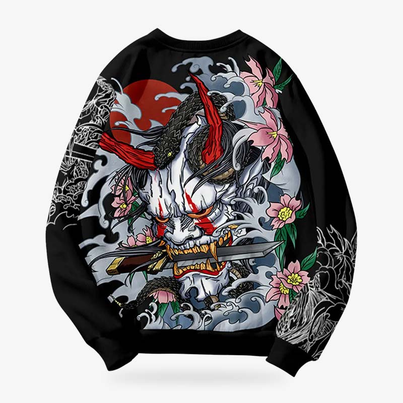 Sudadera Hannya Oni negra con diseño de demonio japonés