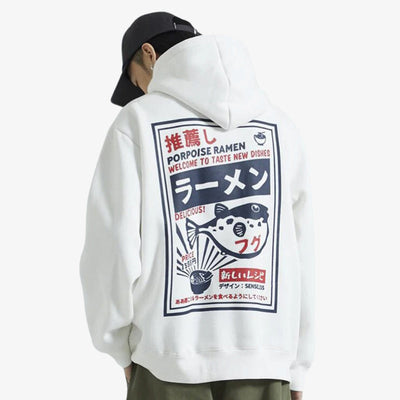 Sudadera ramen japonesa blanca con estampado en la espalda