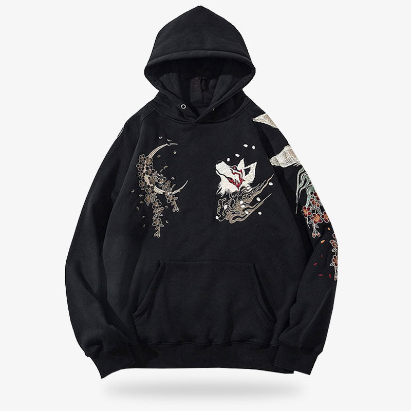 Sudaderas de moda largas estilo japones con capucha con un llamativo diseño de zorro, confeccionada con material de alta calidad, perfecta para lucir un estilo japonés moderno y mítico.