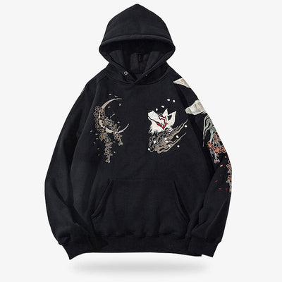 Sudaderas de moda largas estilo japones con capucha con un llamativo diseño de zorro, confeccionada con material de alta calidad, perfecta para lucir un estilo japonés moderno y mítico.