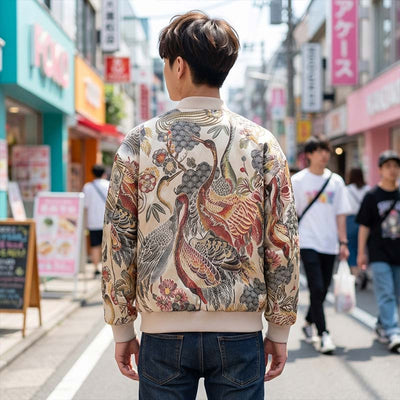 Persona con una sukajan colorida con motivo de ave en una calle japonesa de ambiente urbano