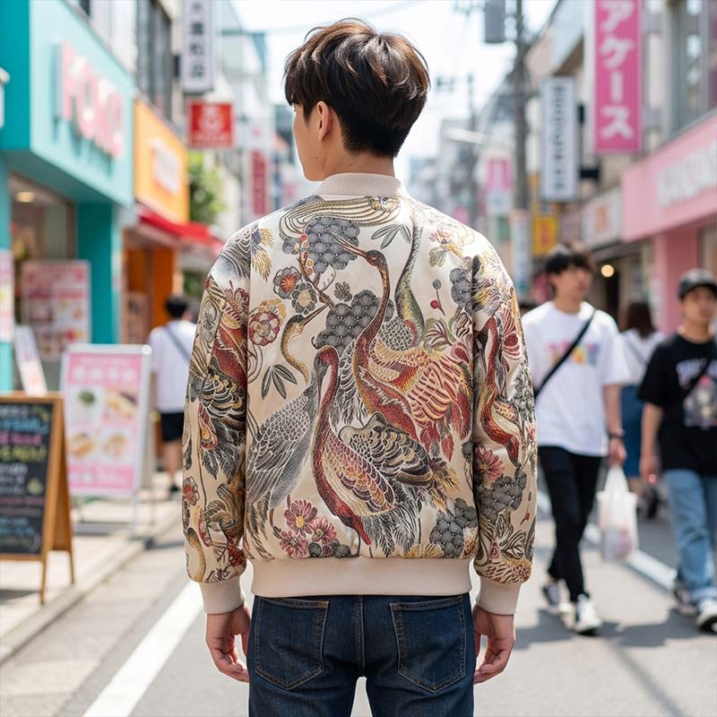 Persona con una sukajan colorida con motivo de ave en una calle japonesa de ambiente urbano