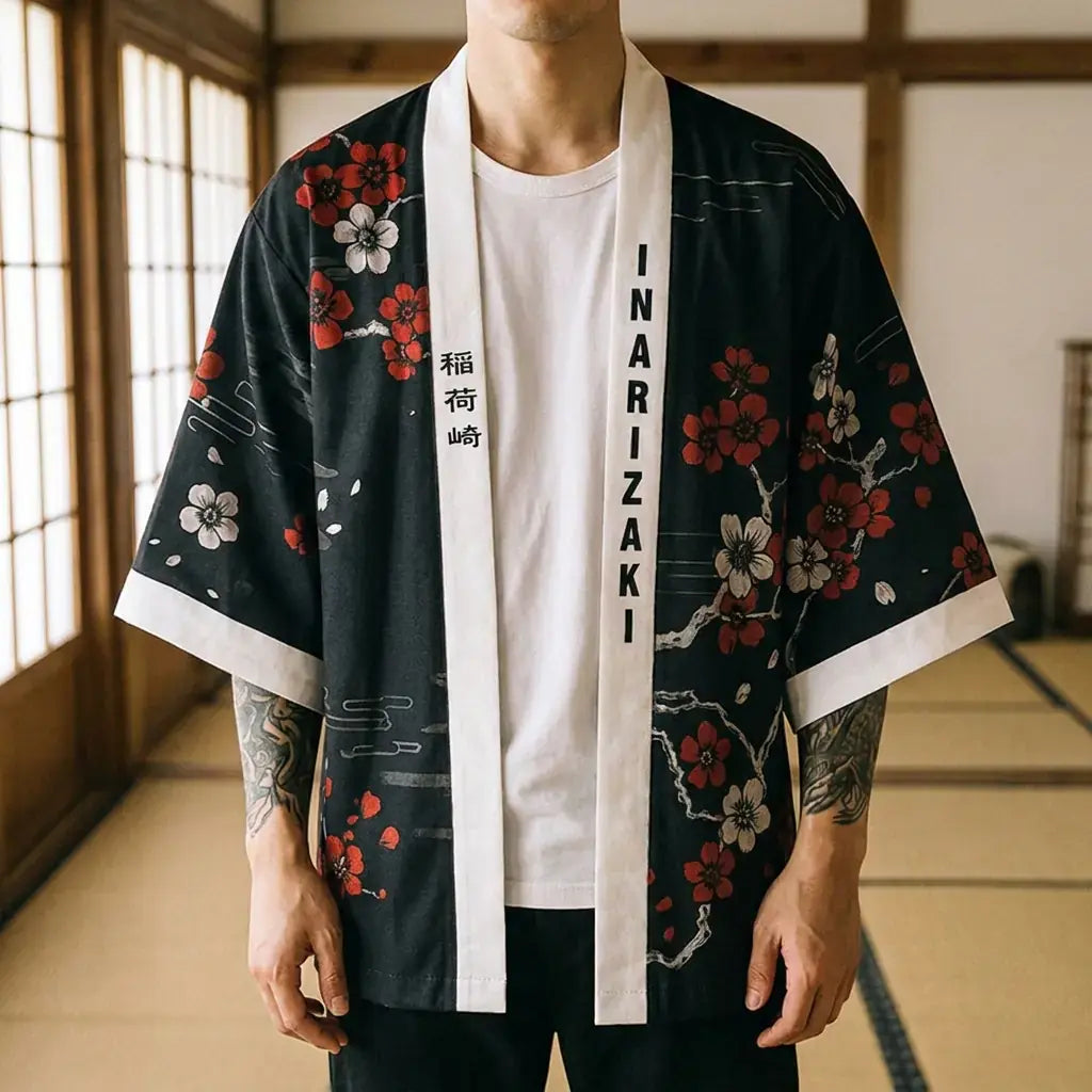 Primer plano del tejido y la manga del kimono zorro