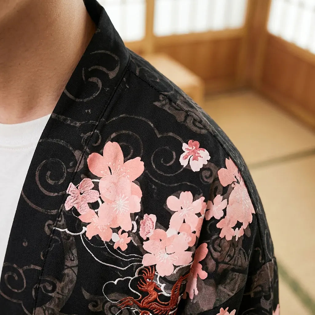 Primer plano de la tela estampada y la manga de un haori dragón