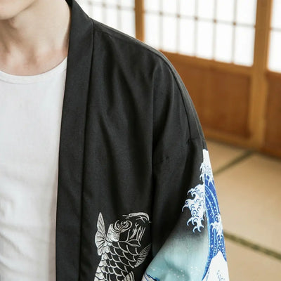 Detalle de la tela estampada y la manga de un haori japonés