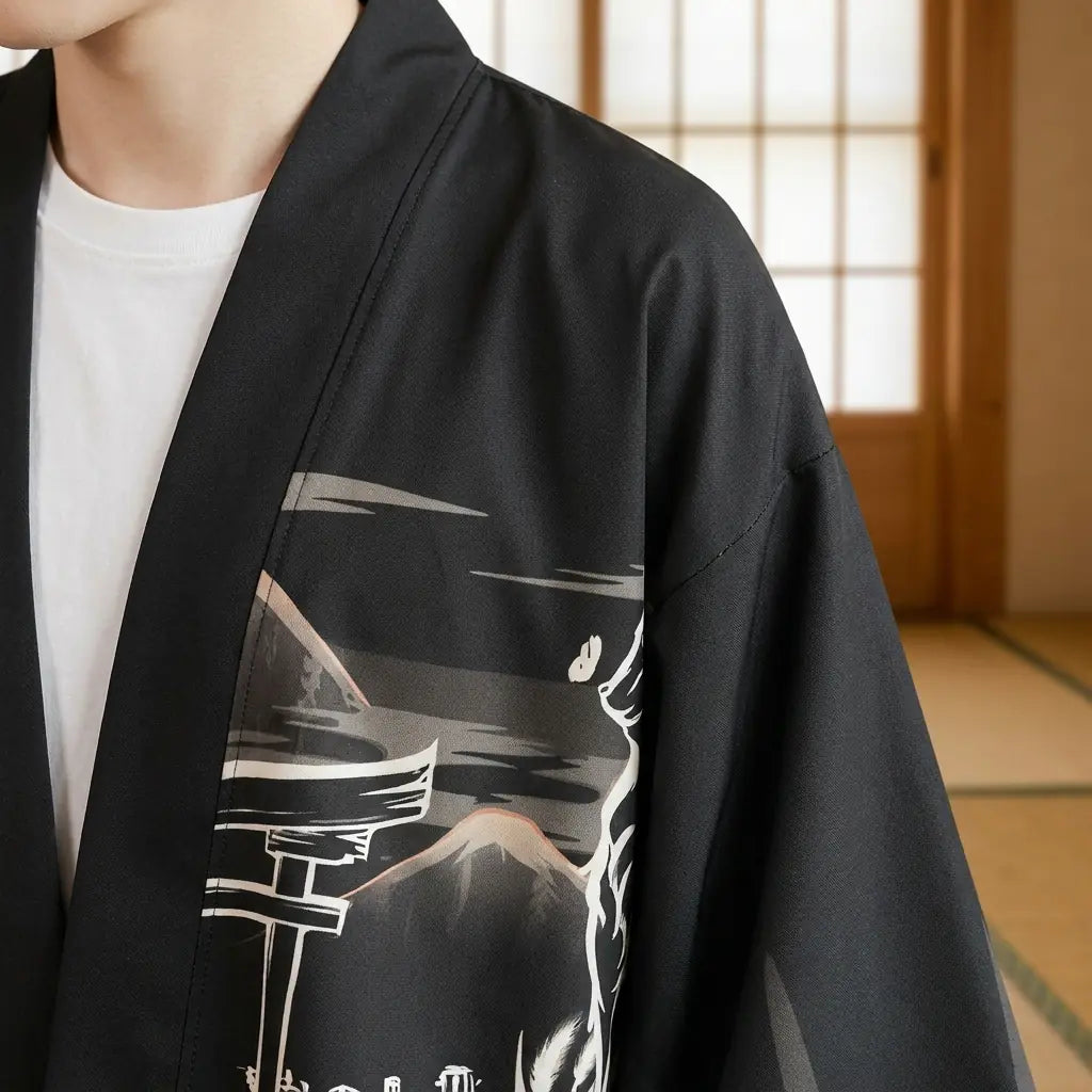 Primer plano de la tela estampada y la manga de una chaqueta haori kitsune