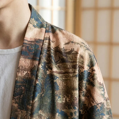 Detalle de la tela estampada y la manga de un kimono haori