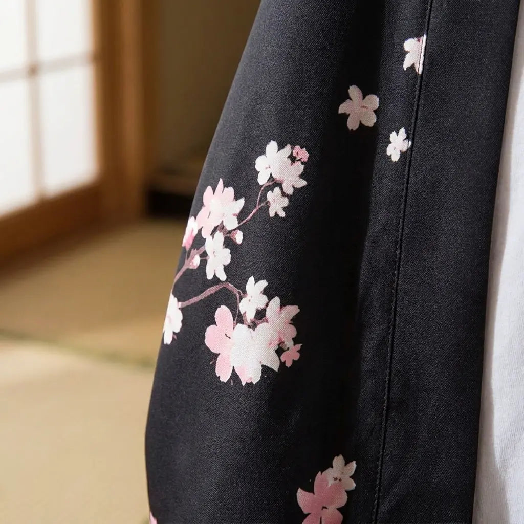 Primer plano del estampado y la manga de un haori floral