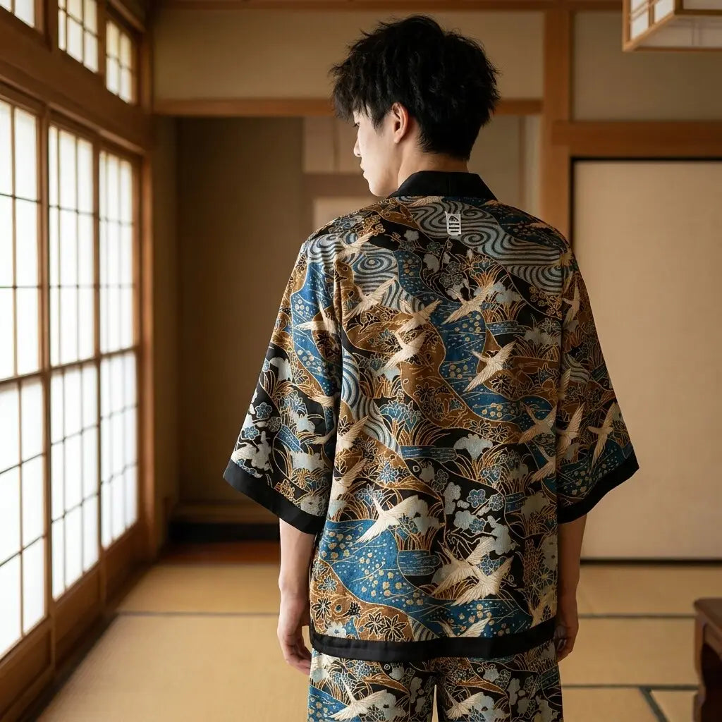 Detalle de tela kimono grulla