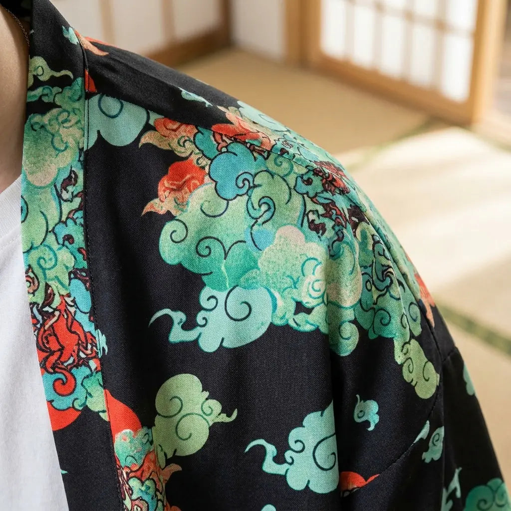 Primer plano de la tela impresa y la manga de una chaqueta haori streetwear