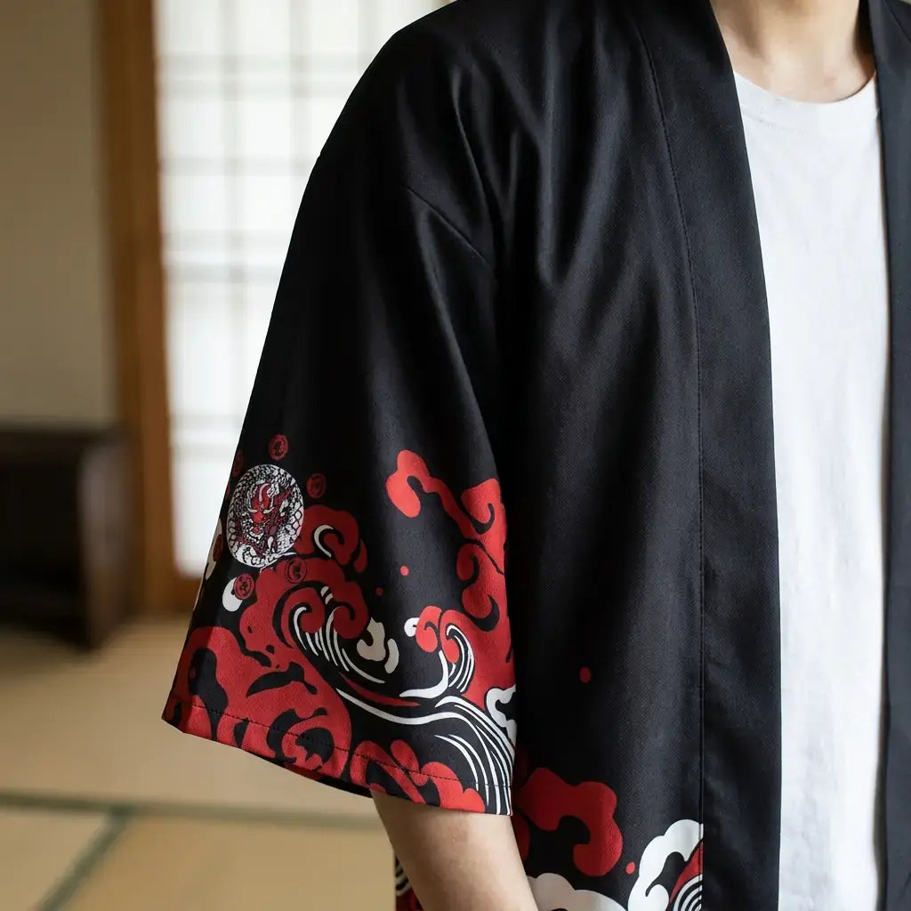Primer plano del tejido y la manga del haori rojo