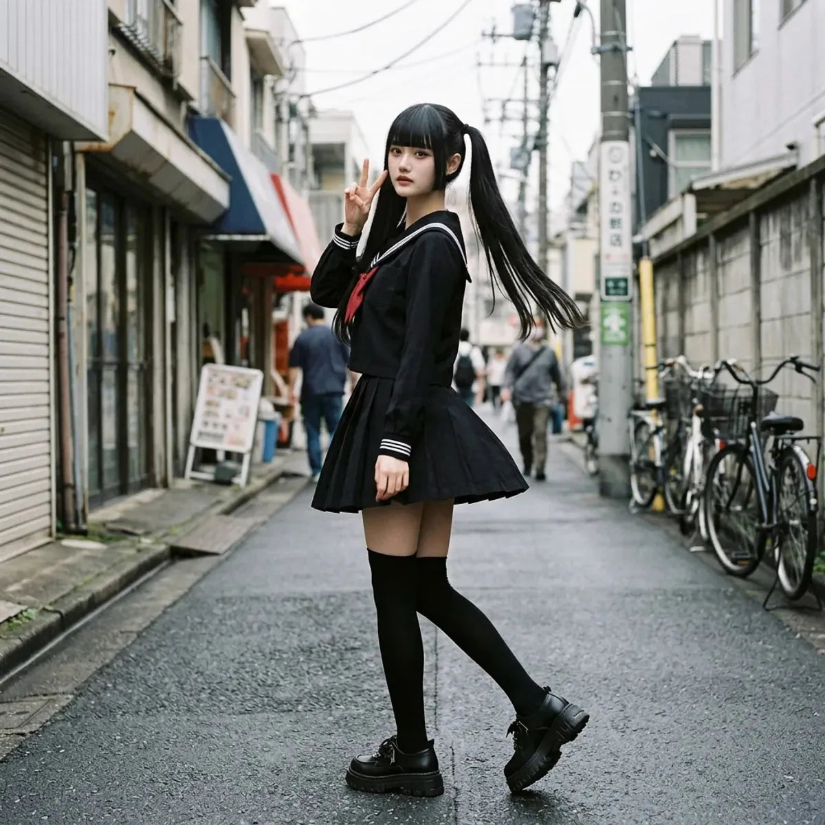 Traje marinero en Harajuku captado a paso, coletas y falda plisada en movimiento