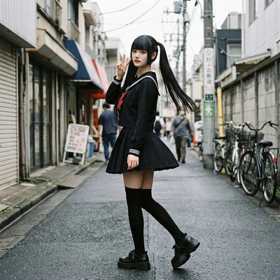Traje marinero en Harajuku captado a paso, coletas y falda plisada en movimiento