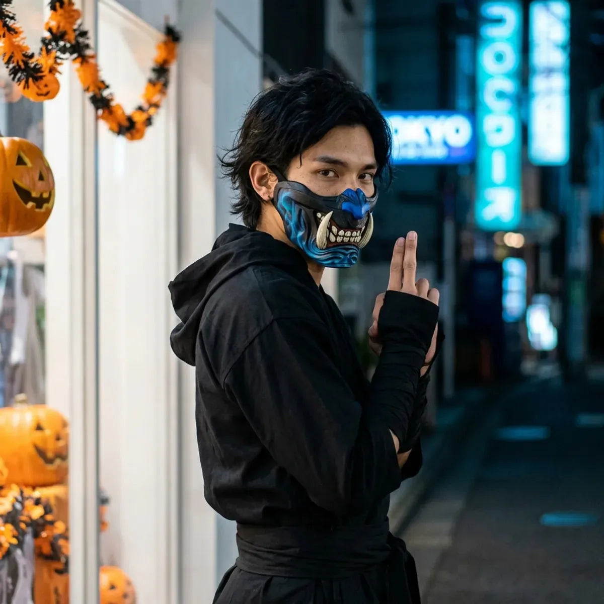 Máscara de demonio de Halloween combinada con un traje ninja negro, mirando por encima del hombro en una calle vacía de Tokio