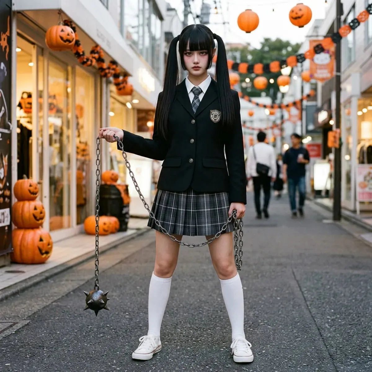 Disfraz de colegiala japonesa de Halloween en Harajuku con una cadena de accesorio, calcetines blancos altos y zapatillas blancas