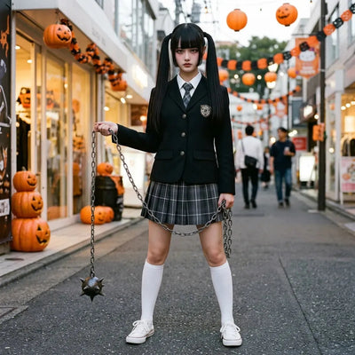 Disfraz de colegiala japonesa de Halloween en Harajuku con una cadena de accesorio, calcetines blancos altos y zapatillas blancas