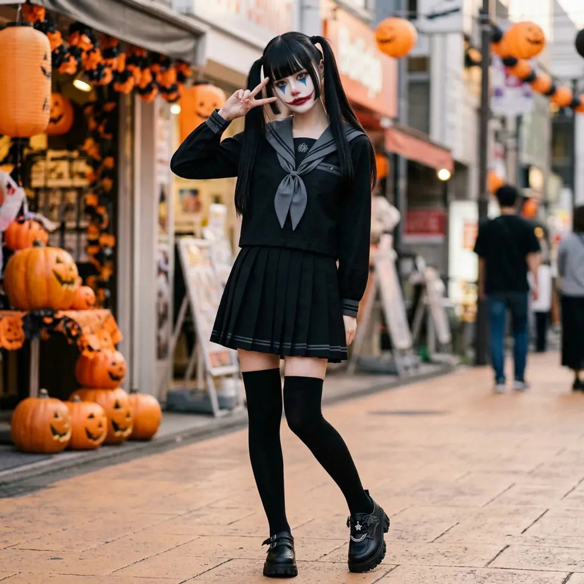 Uniforme marinero japonés llevado en Halloween en Harajuku con maquillaje de payaso Joker