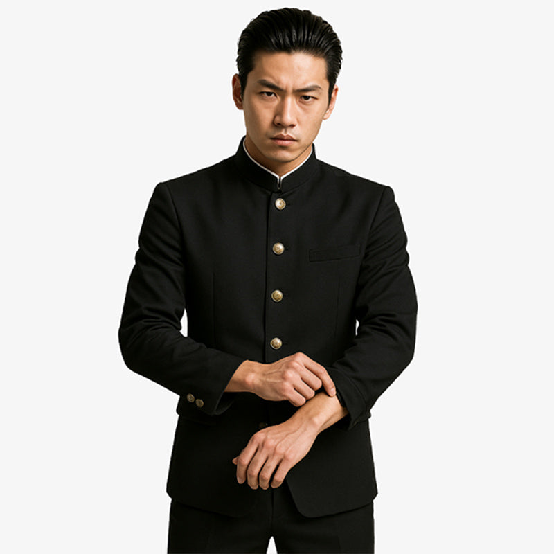 Este uniforme Gakuran es un uniforme japonés tradicional negro para estudiantes varones, con cuello alto y botones en la parte delantera, que simboliza la disciplina y la tradición en la cultura escolar japonesa.