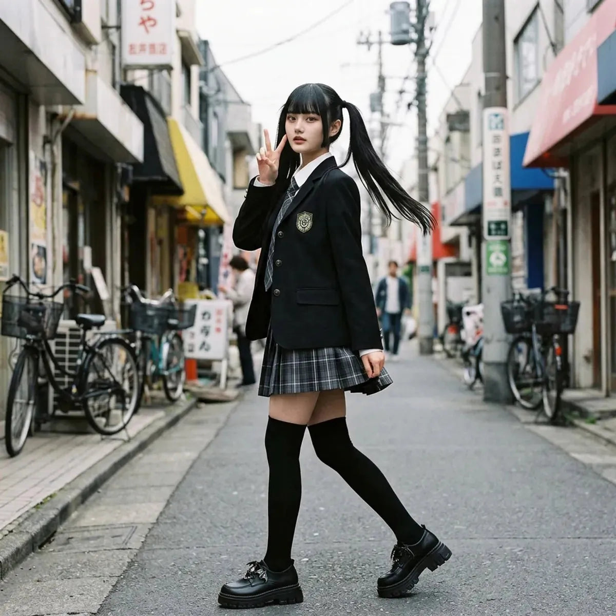 Uniforme JK en Harajuku captado en movimiento, con la falda escocesa plisada ondeando y los zapatos lolita negros