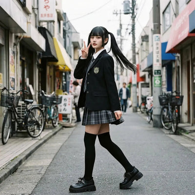 Uniforme JK en Harajuku captado en movimiento, con la falda escocesa plisada ondeando y los zapatos lolita negros