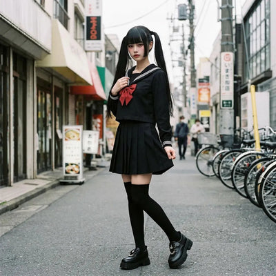 Uniforme marinero japones negro visto de tres cuartos, con la mano sobre el lazo rojo y calcetines largos negros