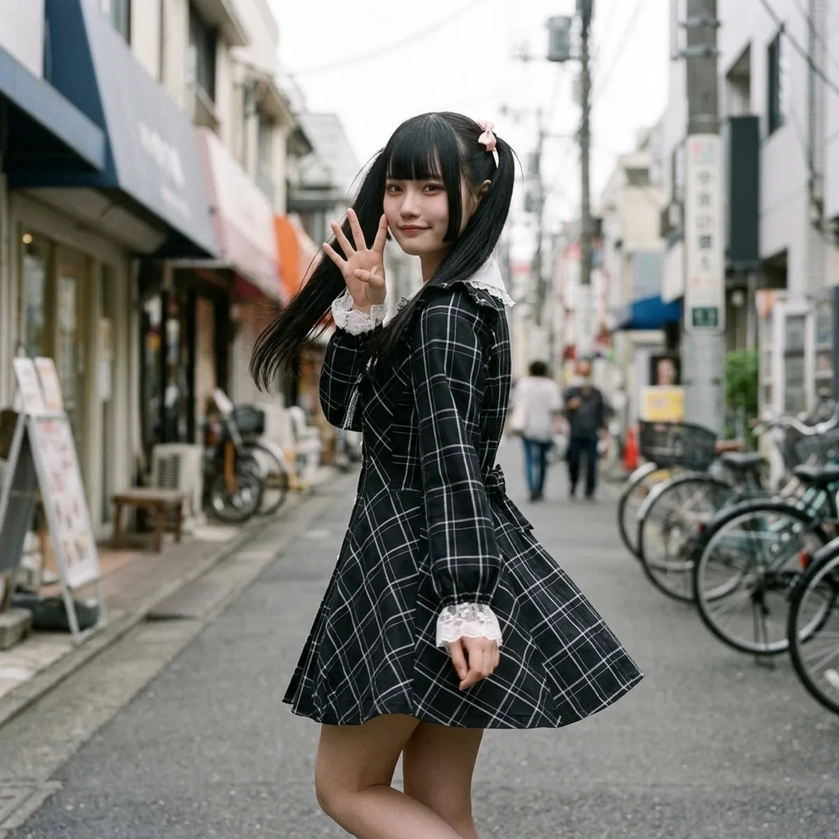 Vestido de cuadros kawaii visto de tres cuartos, el cuello de encaje y los botones de corazon a la luz del dia
