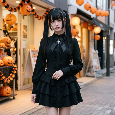 Vestido gótico punk japonés lucido en una calle de Tokio en Halloween, con calabazas talladas y farolillos naranjas al fondo