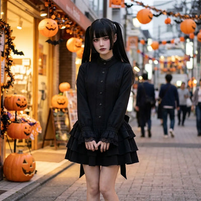 El vestido gothic lolita lucido en una calle de Tokio en Halloween, con farolillos de papel y calabazas al fondo