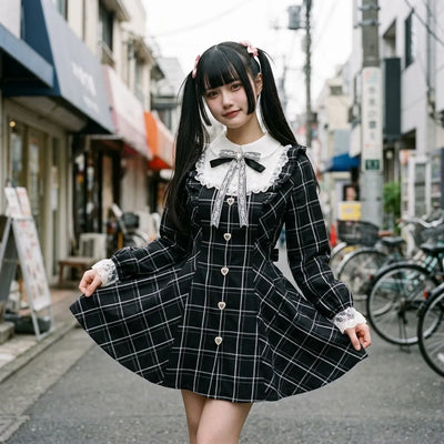 Vestido dulce japones llevado en una callejuela de Harajuku, cuello marinero blanco sobre estampado de cuadros negro