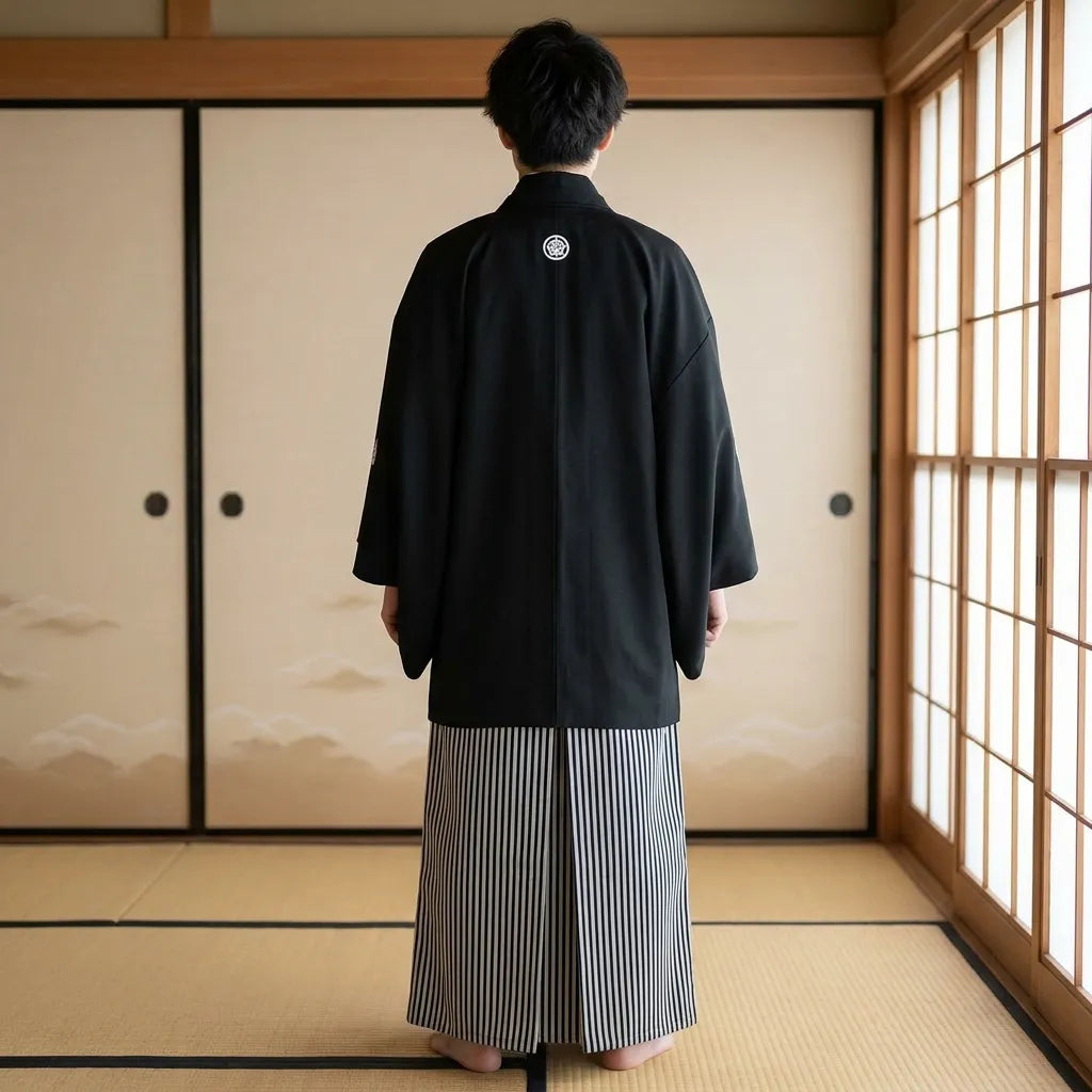 Espalda del vestido kimono negro con kamon centrado