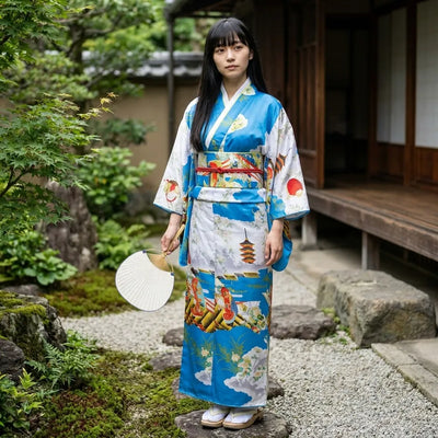Vestido kimono azul con estampado ukiyo-e y cintura estilo obi