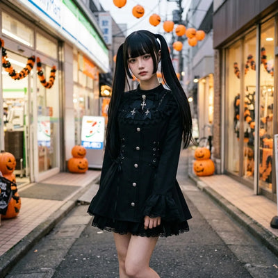 Vestido lolita oscuro lucido en una calle de Tokio en Halloween, con calabazas talladas y farolillos naranjas al fondo