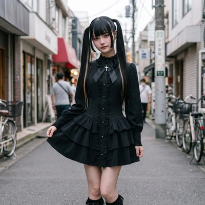 Minivestido gótico punk en una callejuela de Harajuku, mostrando el cuello con lazo y los volantes escalonados a la luz del día