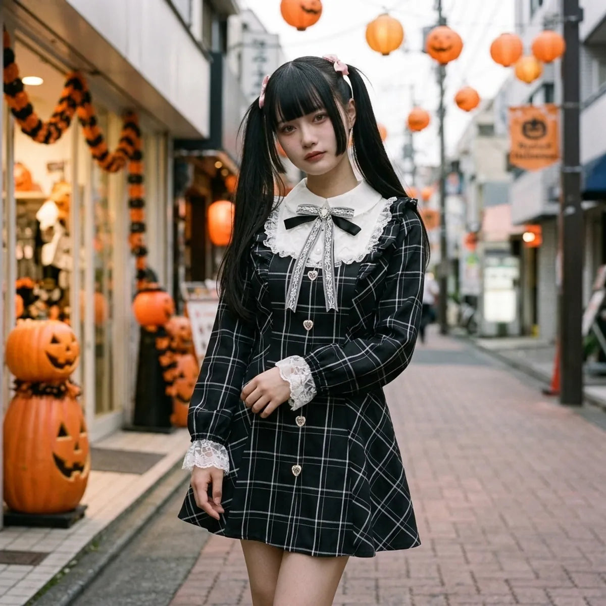 El vestido dulce y fantasioso en una calle de Tokio en Halloween, con calabazas talladas y farolillos naranjas detras