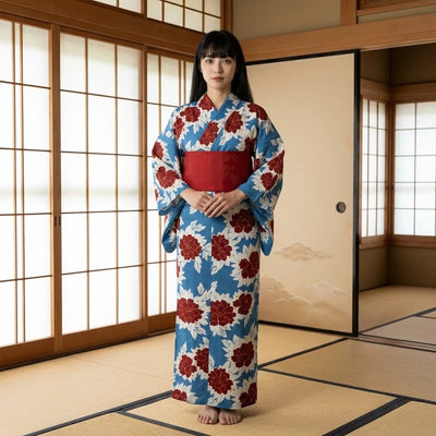 Yukata azul de mujer con estampado de peonías visto de cuerpo entero por delante