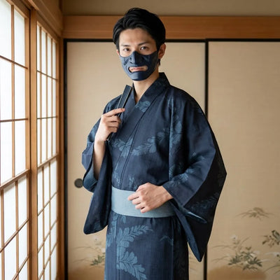 Detalle de la tela del yukata azul oscuro para hombre