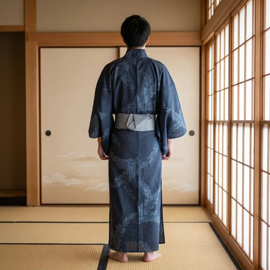 Espalda del yukata azul oscuro con caída relajada